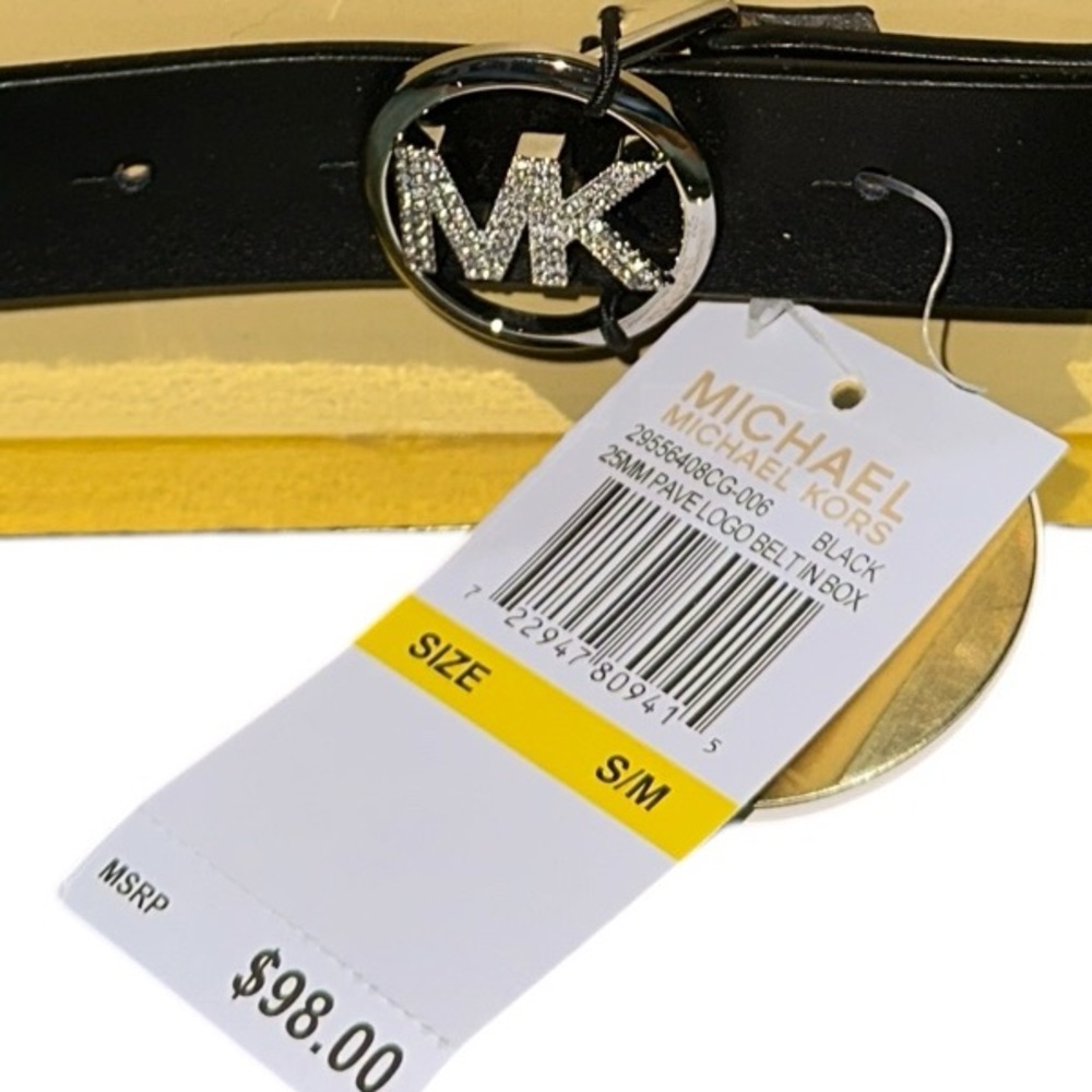 NIB Michael Kors BLACK  25MM REVERSIBLE Pave Logo Belt In Box SZ S/M BLING LOGO - Picture 4 of 4